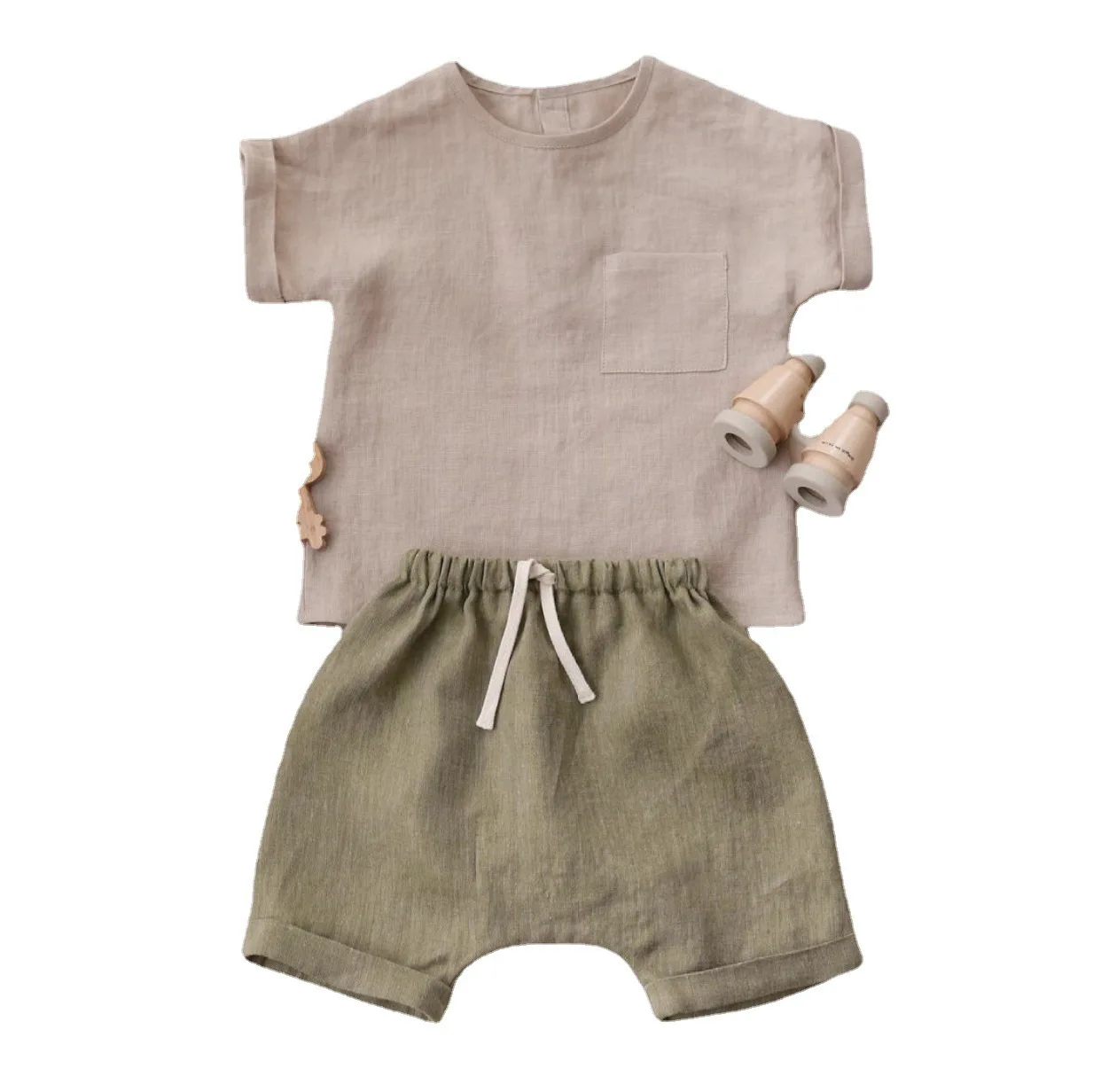 Cotton Linen Pocket Top Shorts Two Piece Baby Boys Clothes Set Summer Suit Boys Clothes