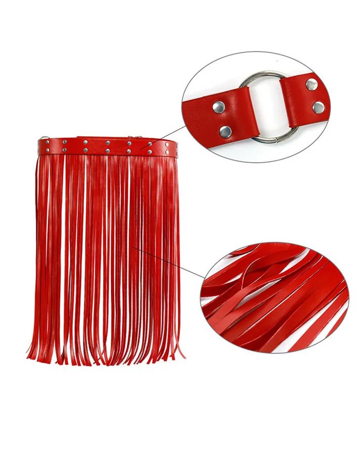 Erotic Costume Bondage Fetish Open Pants Sexy Red Tassel Leather Pole Dance Pants