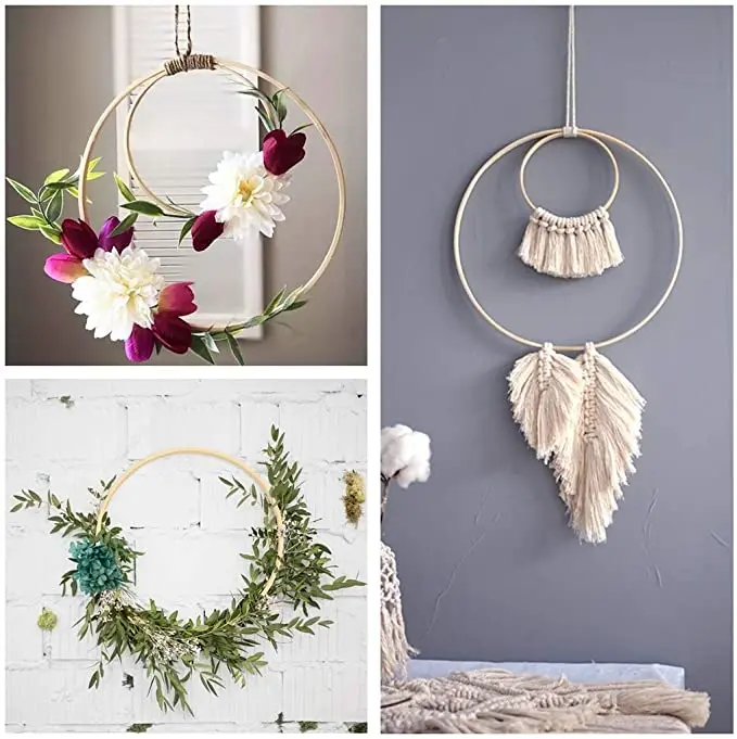 Tailai  Wooden Round Circle Bamboo Floral Macrame Wood Hoop Ring for DIY Dream Catcher Wedding Wreath Decor Wall Hanging
