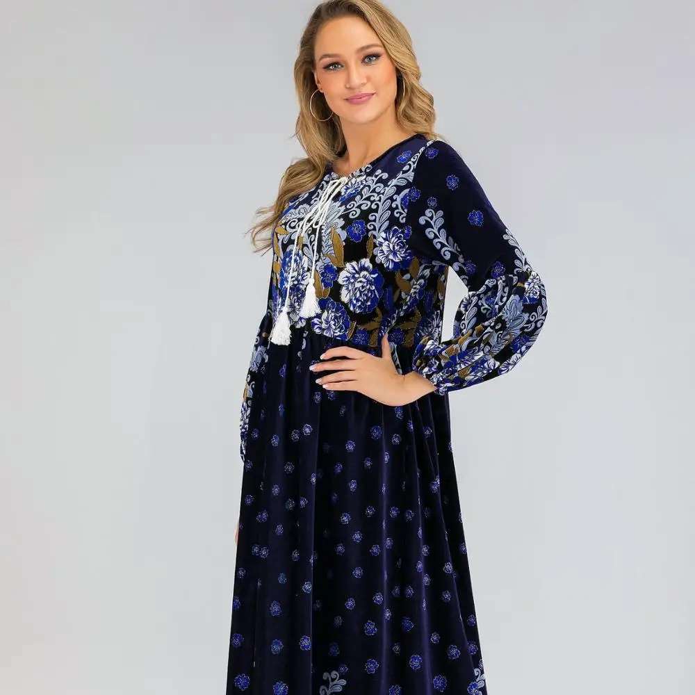 
New Abaya Muslim Dresses Arabic Velvet Pakistani Dubai Islamic Print Warm Dress Navy Blue Vestido modest women clothing 