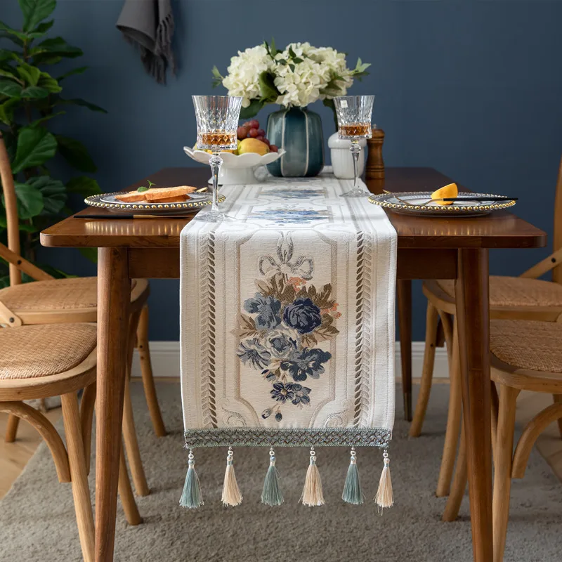 European Style Flower Table Runner Chenille Tassel Household Polyester Table Cloth Custom Table Runner