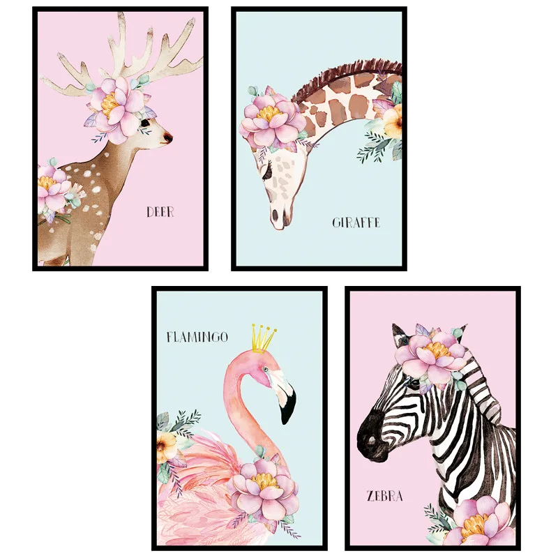 Cute Animals With Pink Flowers Wall Mural Zebra Giraffe Flamingo Wallpaper Home Decor Living Room Bedroom Removable Stickers