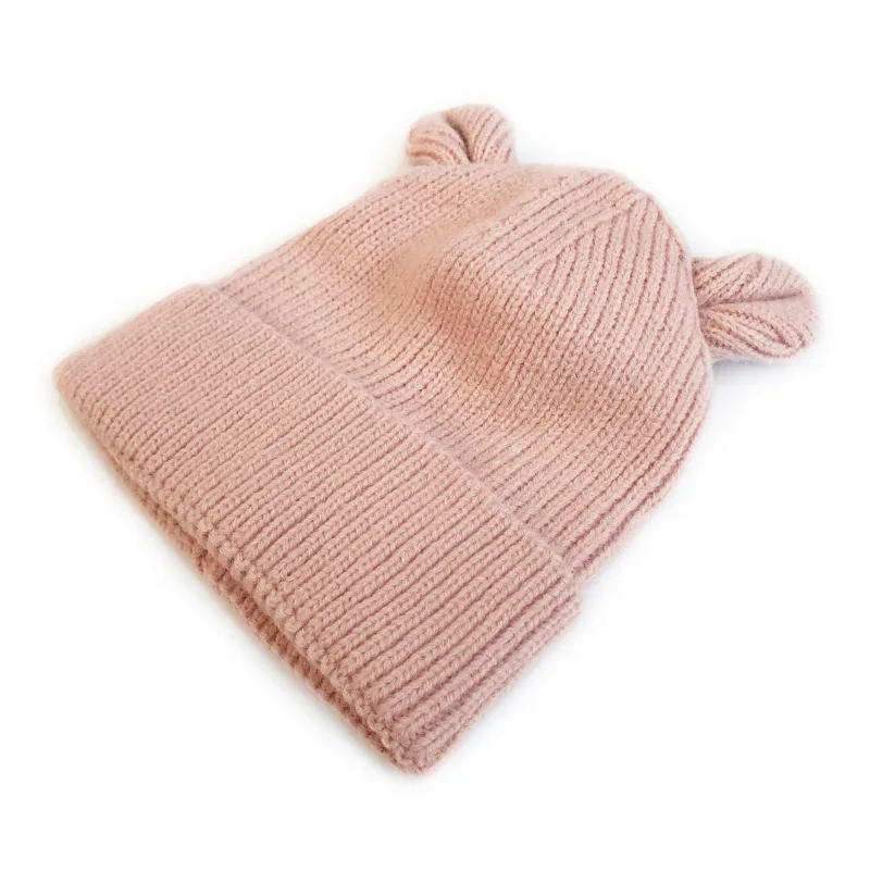 Colorful Ribbed Beanie Hat With Bear Ears For Kids Knit