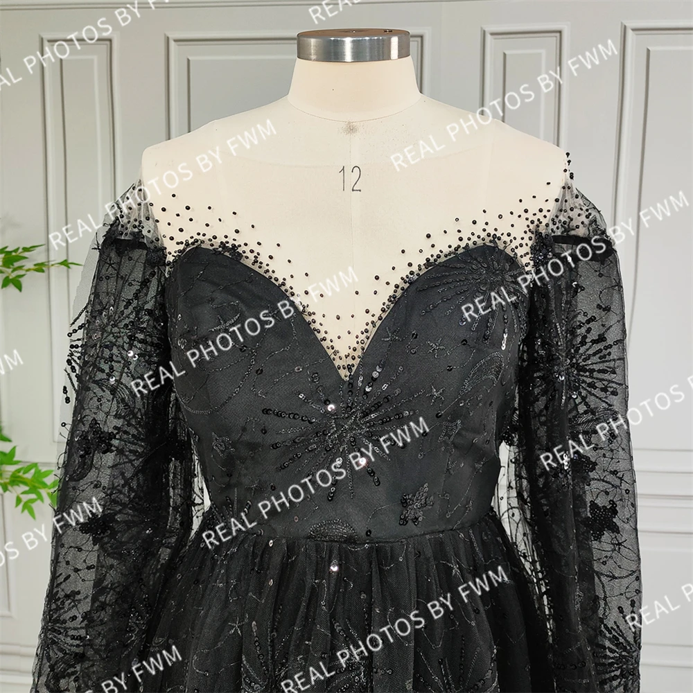 100% Real Photos High Quality Black Stars Sequined Lace Wedding Dress For Bride Women Illusion Back Bridal Gown With Cape 2024