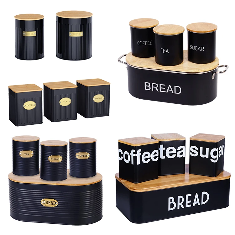 Factory Price Metal Kitchen Canister Set 3 Coffee Sugar Tea Storage Jars with Bamboo Lid