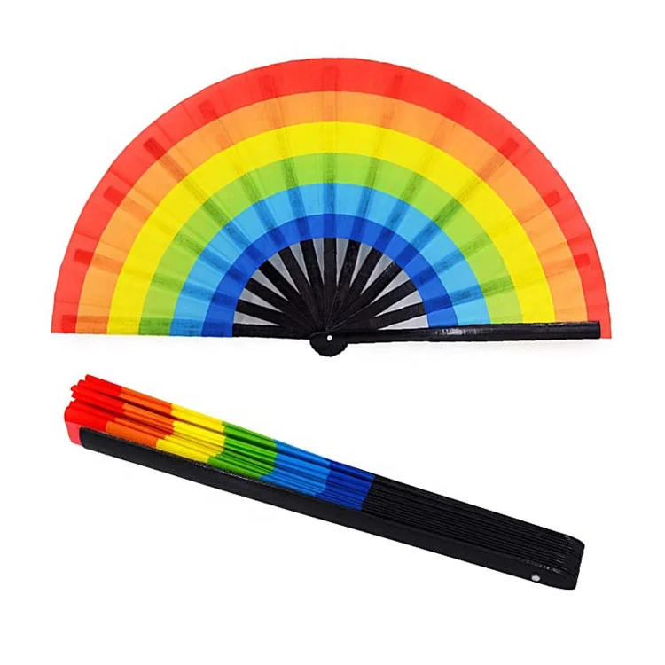 33cm Best quality Good Price Custom Printed 13 inch Rainbow Fan Sublimation Satin Clack Hand Fan Rave fan