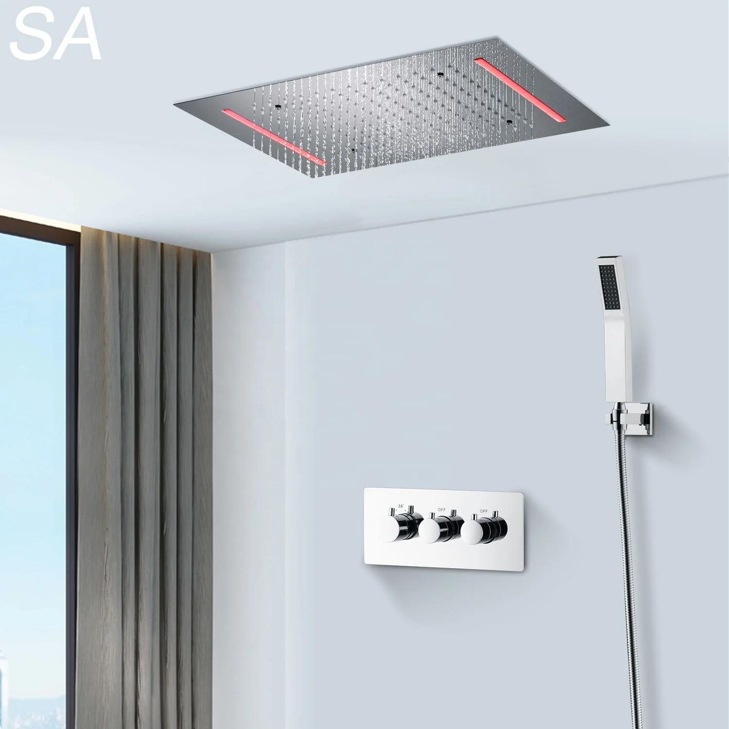 2022 Guangzhou Salina Hot Sell 3 Functions Large 16 inch Bathroom LED Lighting Ceiling Embedded Rainfall Sprayer Shower Heads