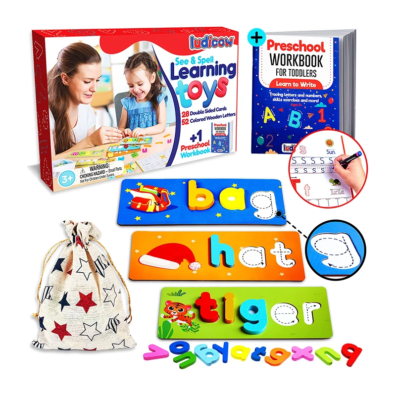 2022 Hot on Amazon Wooden spelling word game English learning flash card  English teaching aids for children to learn