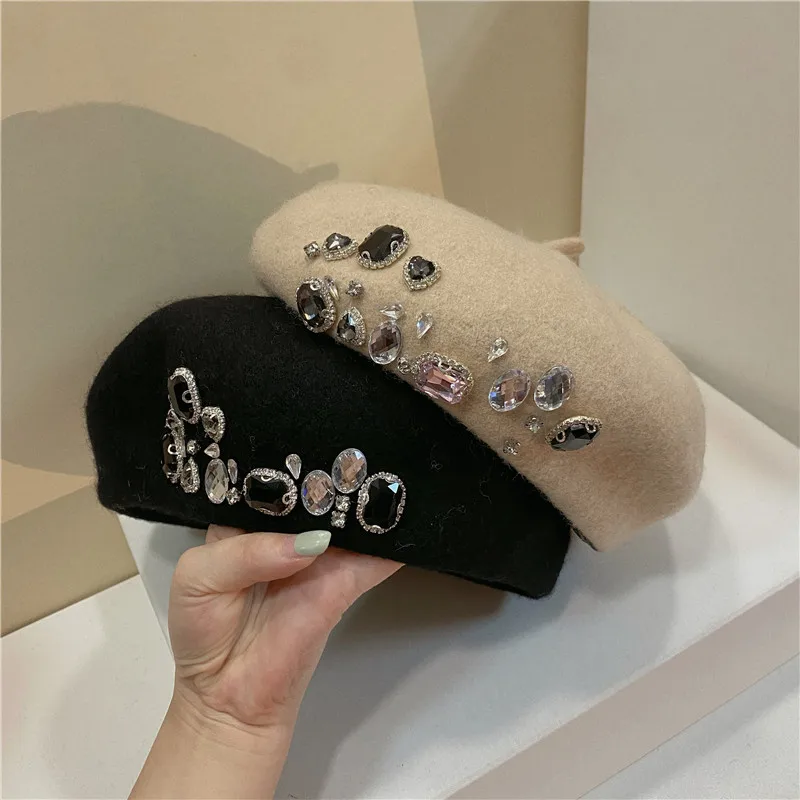 Korea Celebrity Same Style Wool Painter Cap Fashion Female Luxury Autumn Winter Cashmere Crystal Rhinestone Designer Beret Hat