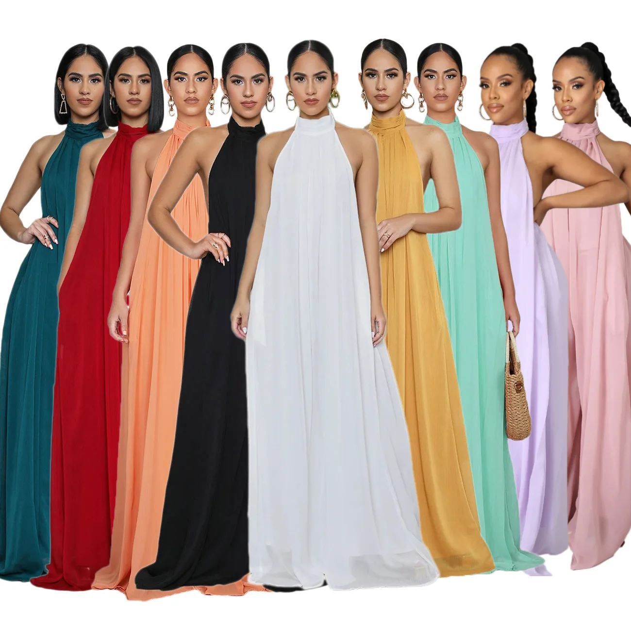 Women backless chiffon halter wide leg jumpsuit