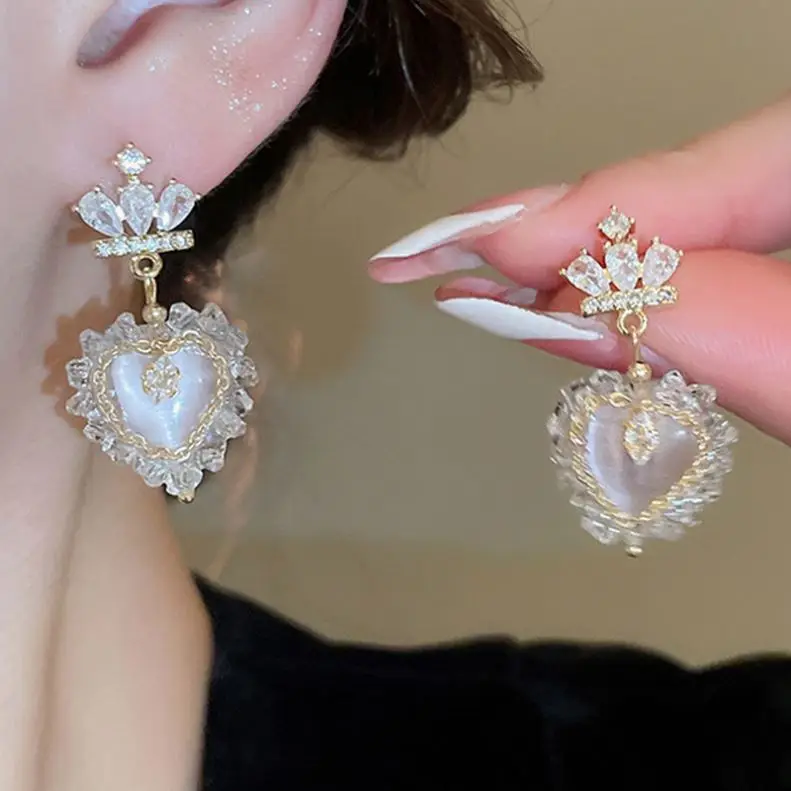 2024 Silver Needle Crown Love Earrings French Luxury Fashion Earrings Light Luxury Elegant temperament Earrings