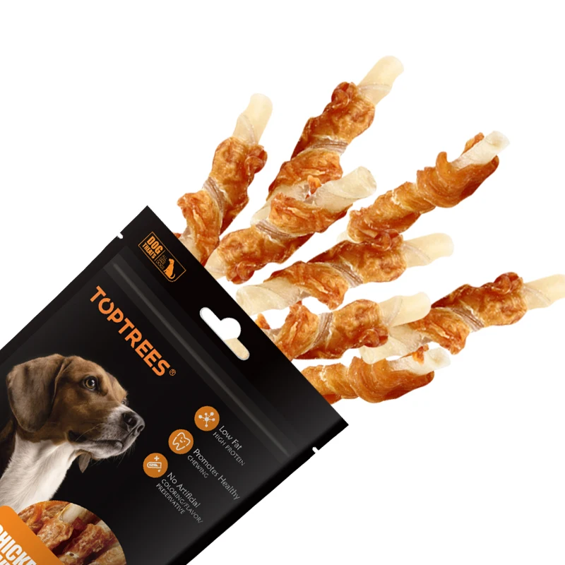 toptrees pet food dog treats 90g  chicken jerky and rawhide twists