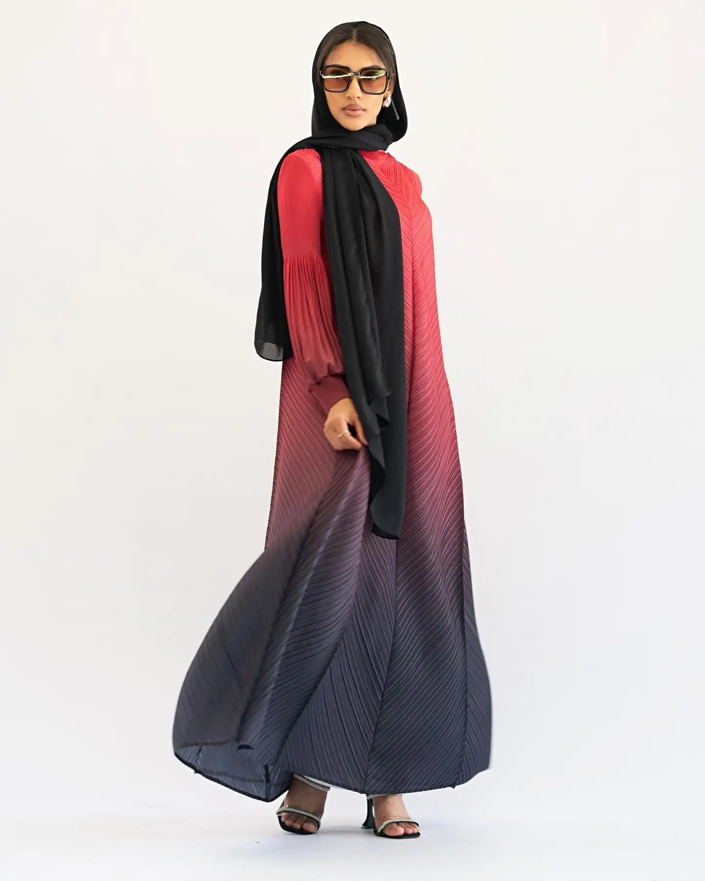 Sheen Fancy Plus Size Miyaki Summer Dresses Women Casual Free Size Gradient Loose Pleated Long Dress For Women