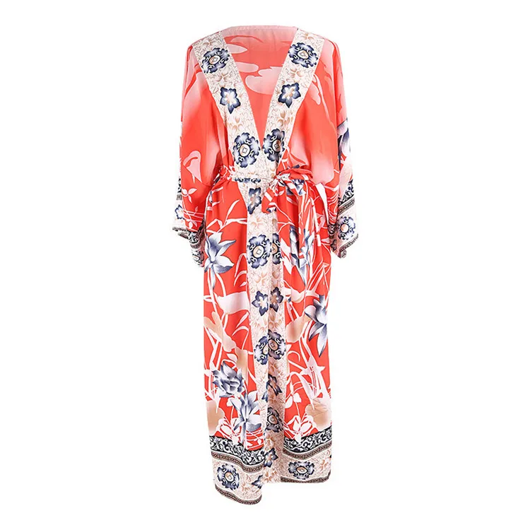 
Beach Print Floral Holiday Bikini Outing Loose Long women cardigan kimono women cardigan kimono 