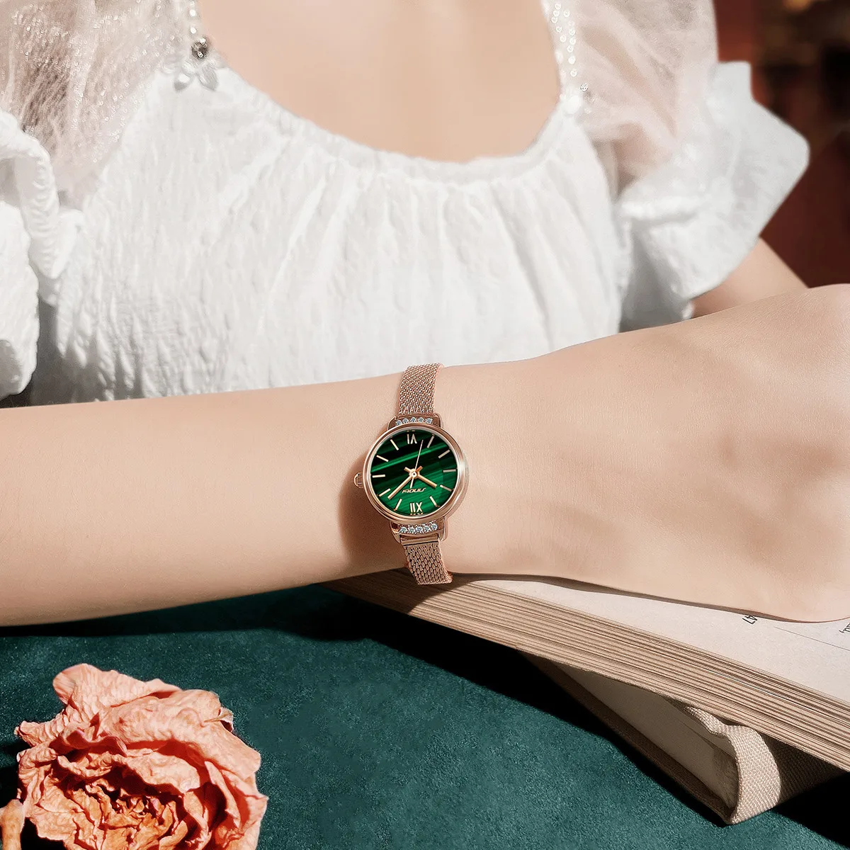 Rose Gold Mesh Elegant Lady Wrist Watch Little Green Dial Watch Charming Girls Watch S9853L