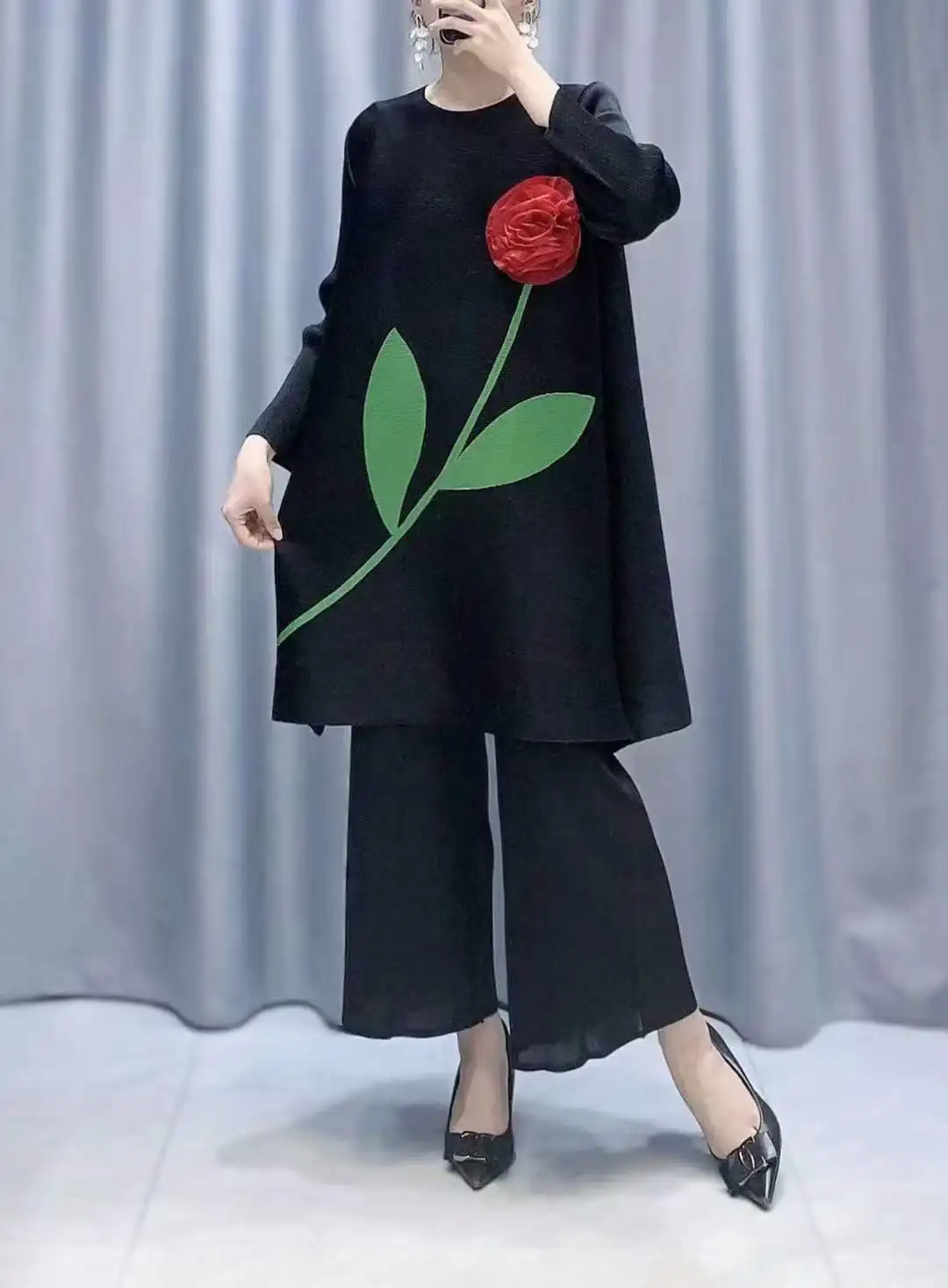 Latest Autumn Floral Print Design Indian Wear Plus Size Straight Miyake Pleated O-Neck  Chiffon Breathable  Two Pieces set
