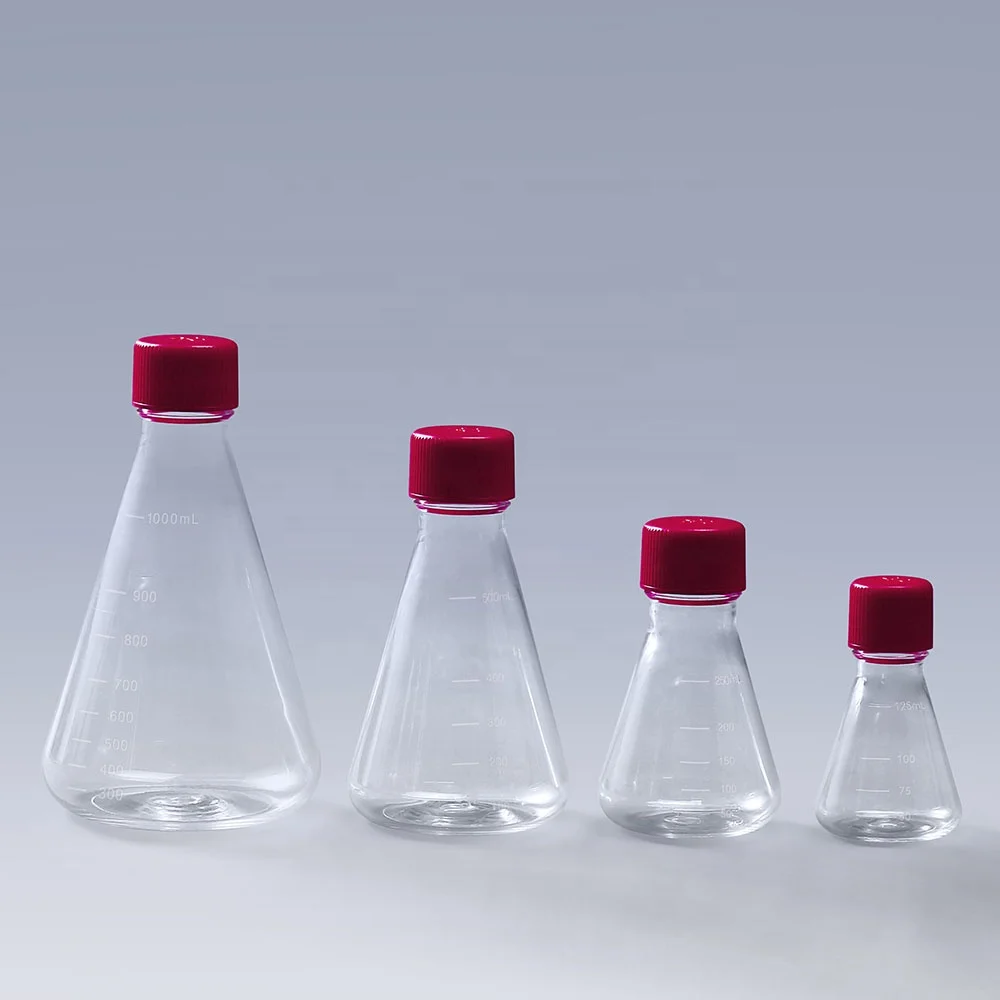 Laboratory use flat bottom conical bottle 125ml 250ml 500ml 1000ml PETG PC erlenmeyer flask with vented lid for cell culture