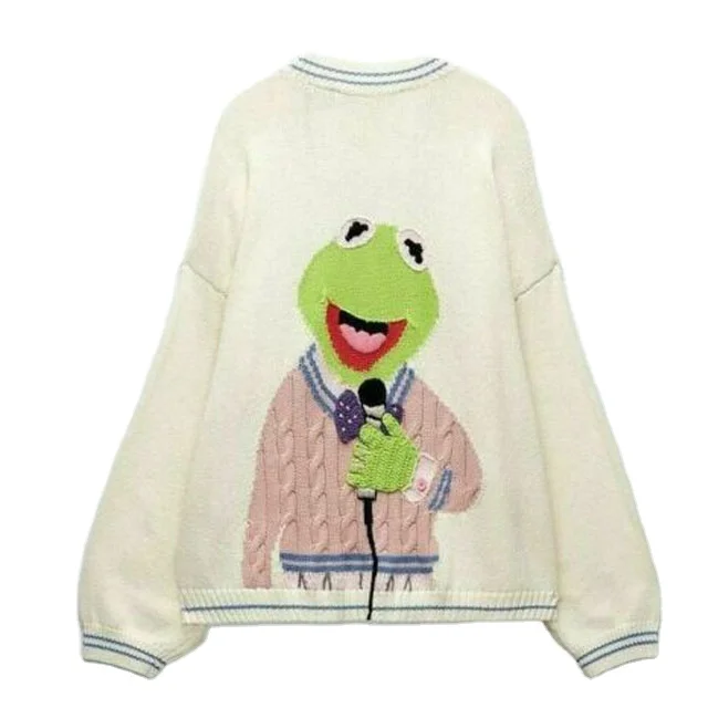 knitted factory custom Unisex frog Long sleeve V-neck knit cardigan kermit cardigan sweater
