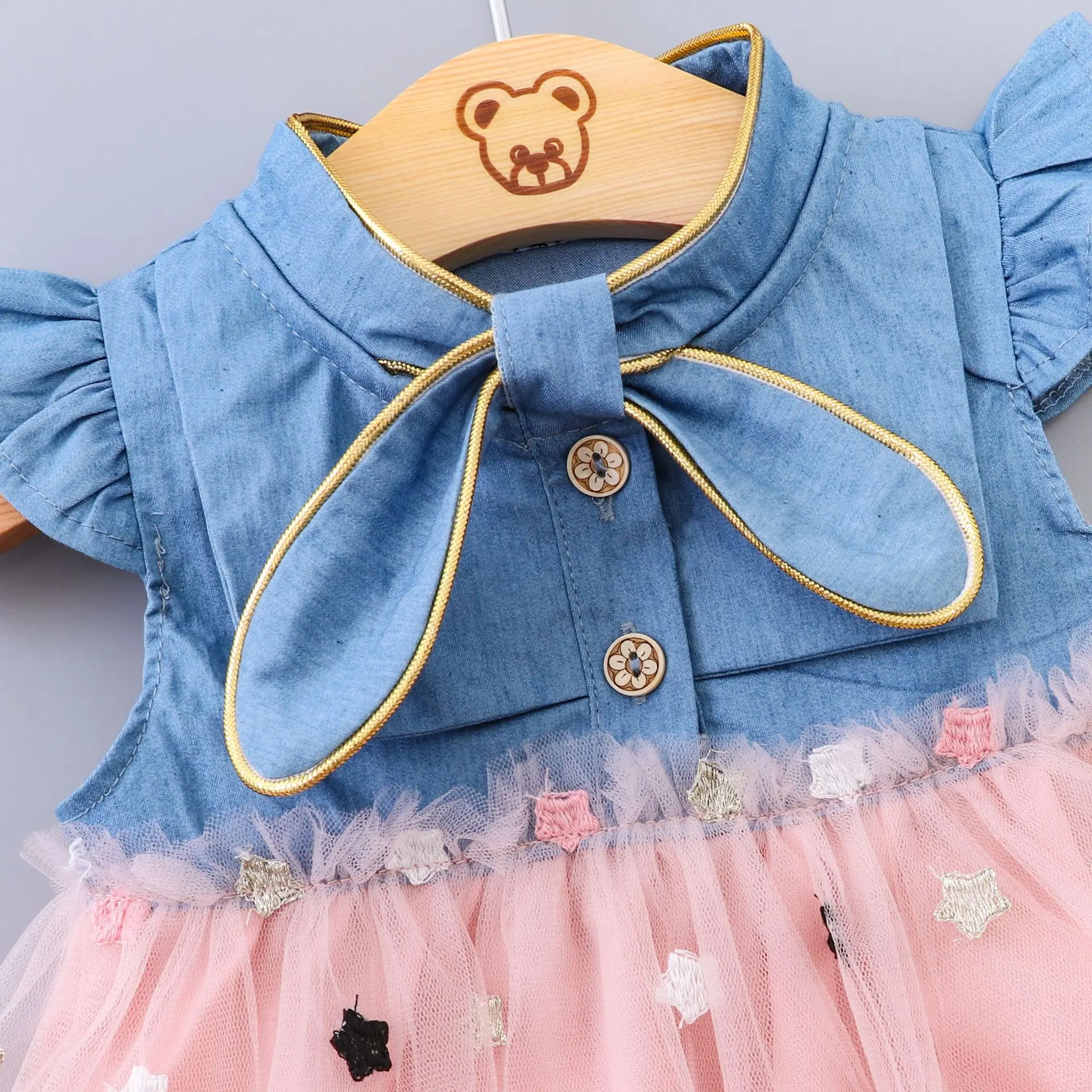  Детская одежда Sunny Baby оптовая продажа джинсовое платье для маленьких девочек с летающим рукавом милое Сетчатое принцессы со