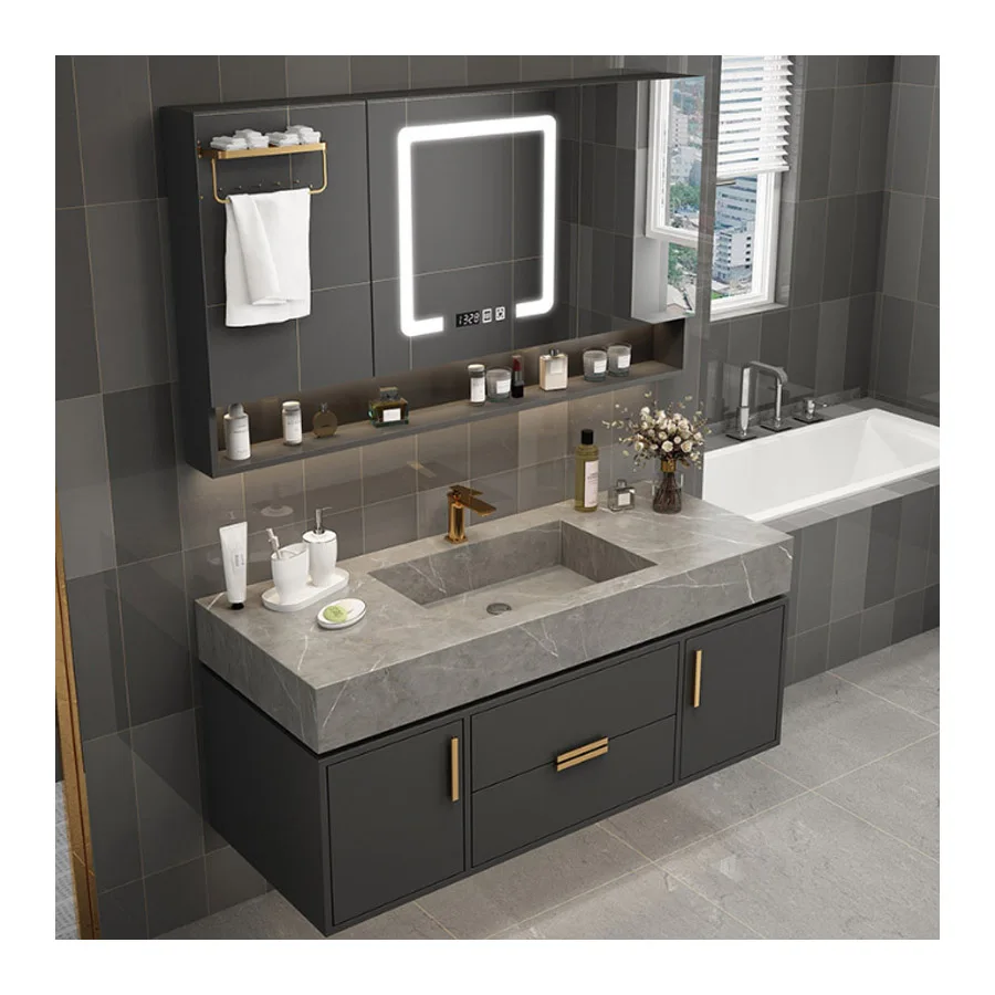 2024 New solid wood OEM rock panel countertop basin bathroom cabinet LED mirror storage cabinet ceramic basin