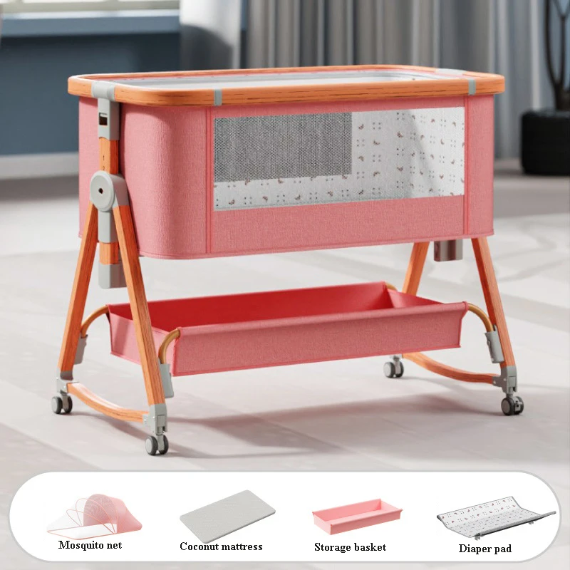 Easy Folding Baby Bed Bedside Sleeper with Storage Basket and Wheels Adjustable and Movable Baby Cradle with Mosquito Nets