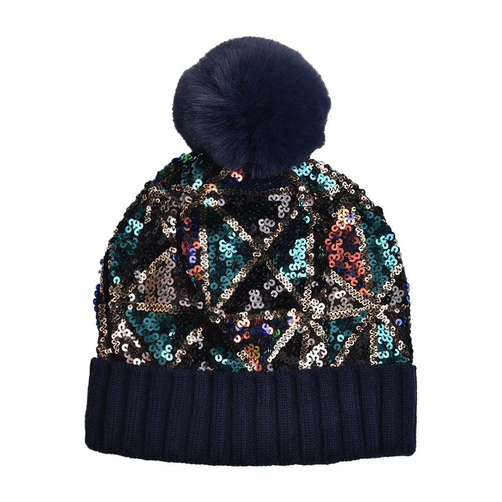 Wholesale new sequined woolen hat autumn winter sequined warm removable wool ball knitted hat for women pompom