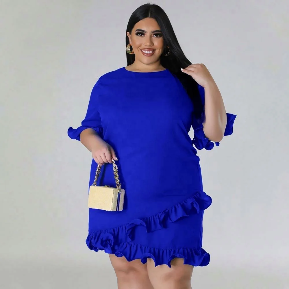 Hot Sale   Fast Shipping Plus Size Dress Casual & Formal Mini Dresses Short Ruffle Sleeve Crew Neck For Fat Ladies
