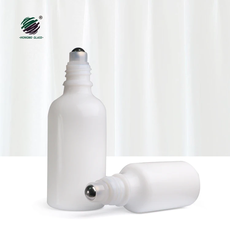 Cosmetic Packaging Round shoulder Opal White Glass Roller Bottle With white Lid Steel ball Cosmetic Lotion Bottle Products