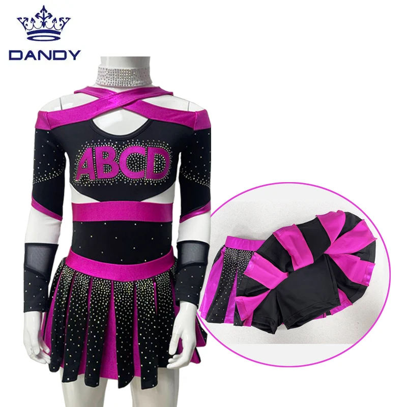 Custom Cheerleader Long Sleeve Uniform Pleated Skirt Rhinestones Cheer Uniforms Cheerleading Uniform
