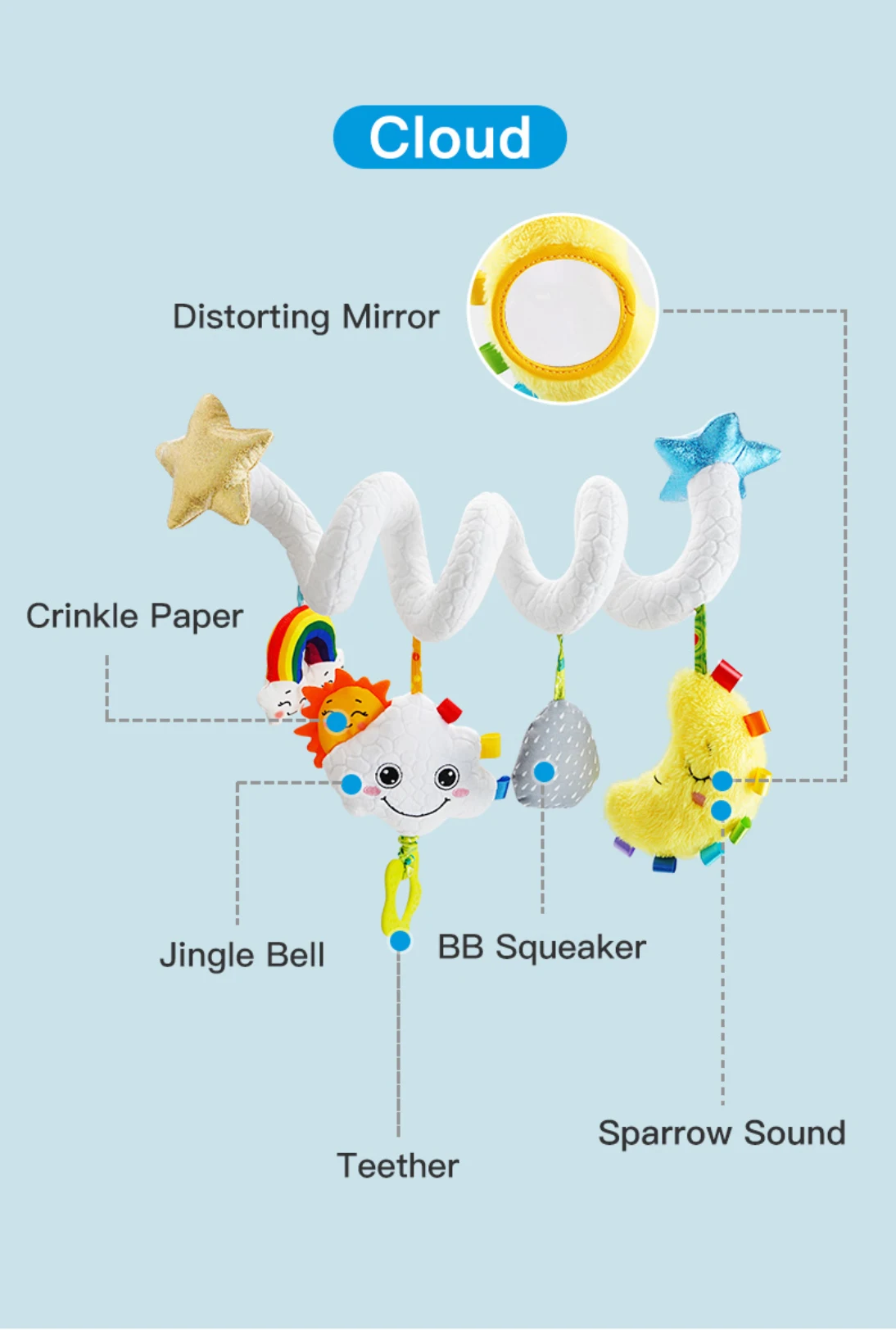 2022 Sensory Spiral Plush Bed Manufacturer Adorable Cute Hanging Toy with Baby Bell Rolling Shaped Bed Stroller Toy