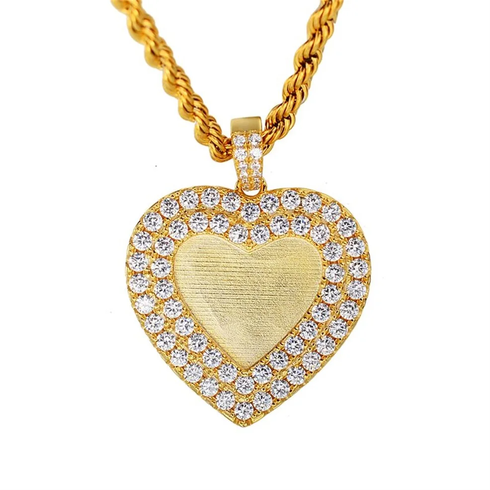 Custom Photo Pendant Gold Plated Brass Material High Quality 5A Zircon Heart Shape Design Fashion Hip Hop Pendant For Gift