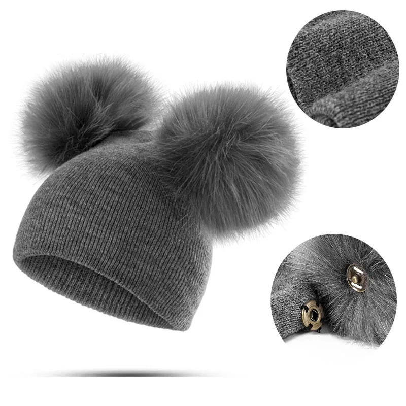  solid color plain detachable double ball newborn winter hats with pom baby beanie
