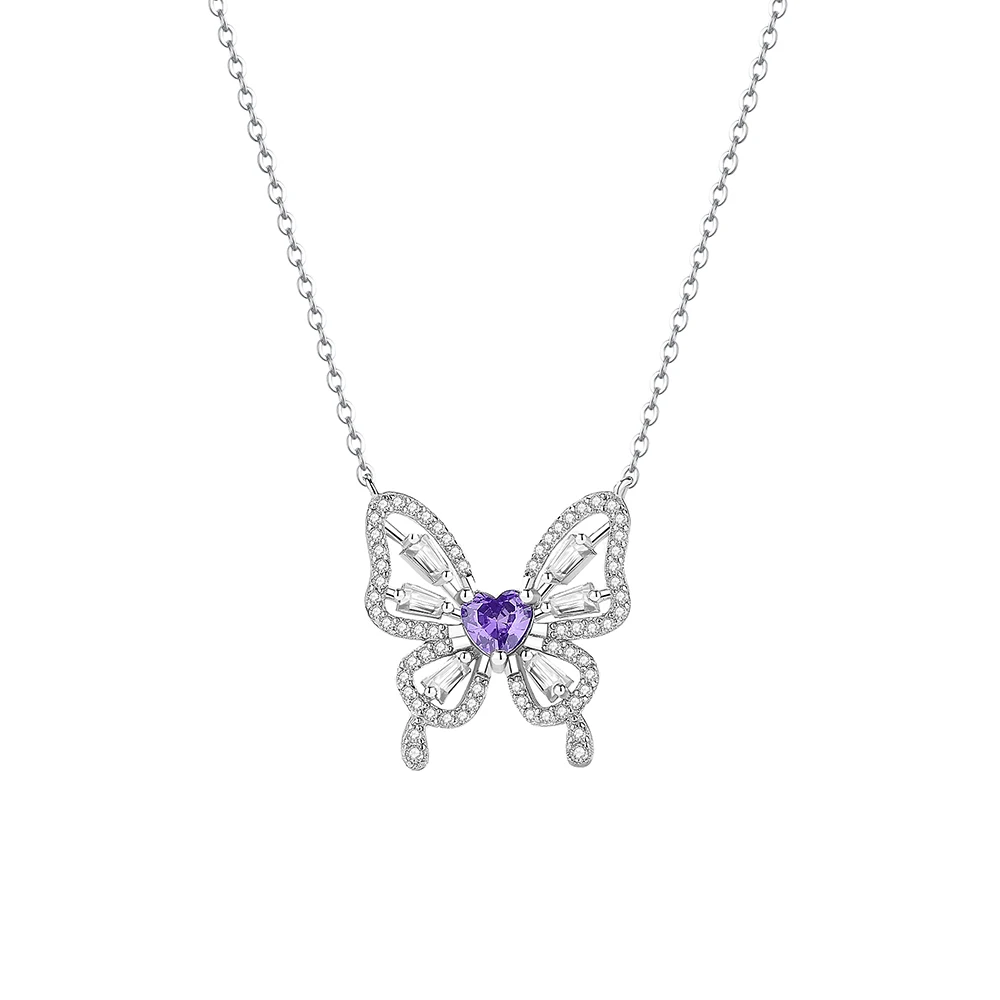 Dainty 2024 sterling silver 925 fine jewelry full diamond purple zircon large pink butterfly pendant necklace