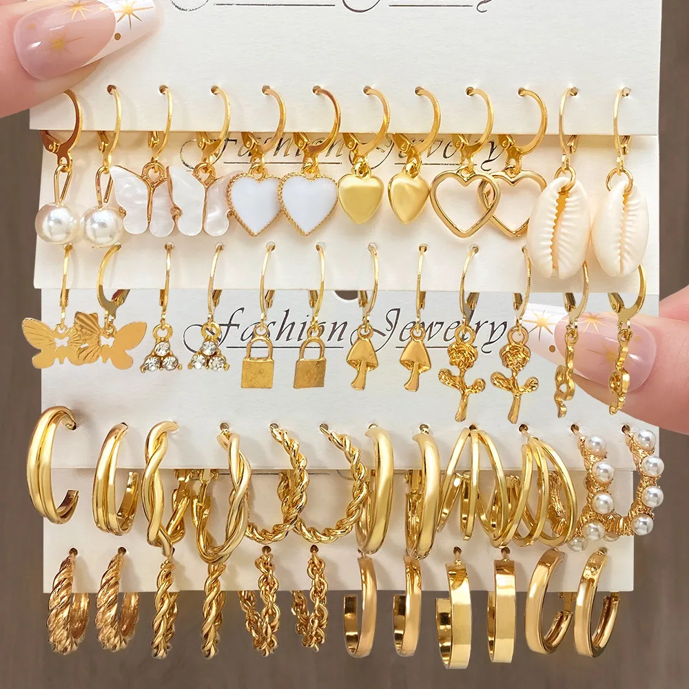 New Trendy Customize Wholesale Pearl Earring Twist Butterfly Acrylic Dangle Hoop Earring Set Women  Stud Hoop Earrings Set