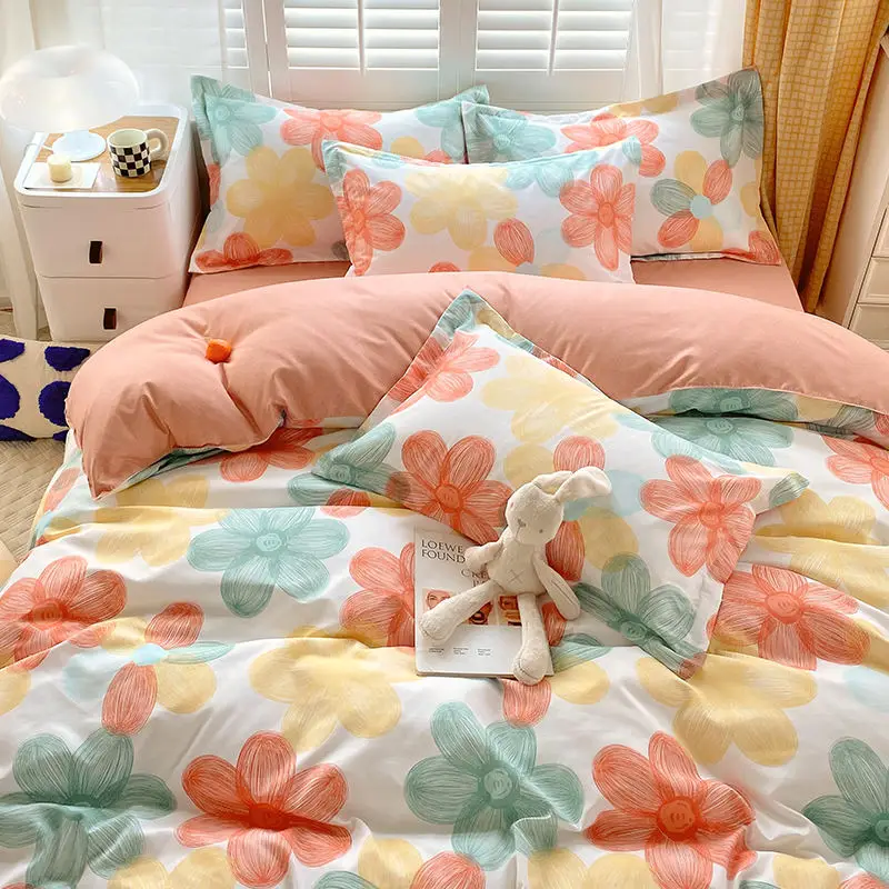 Four-Piece Polyester Bed Sheets Plant Printed Floral Bed Quilt Cover Set Botanical Cashmere Sanding Thickened Duvet Cover Set