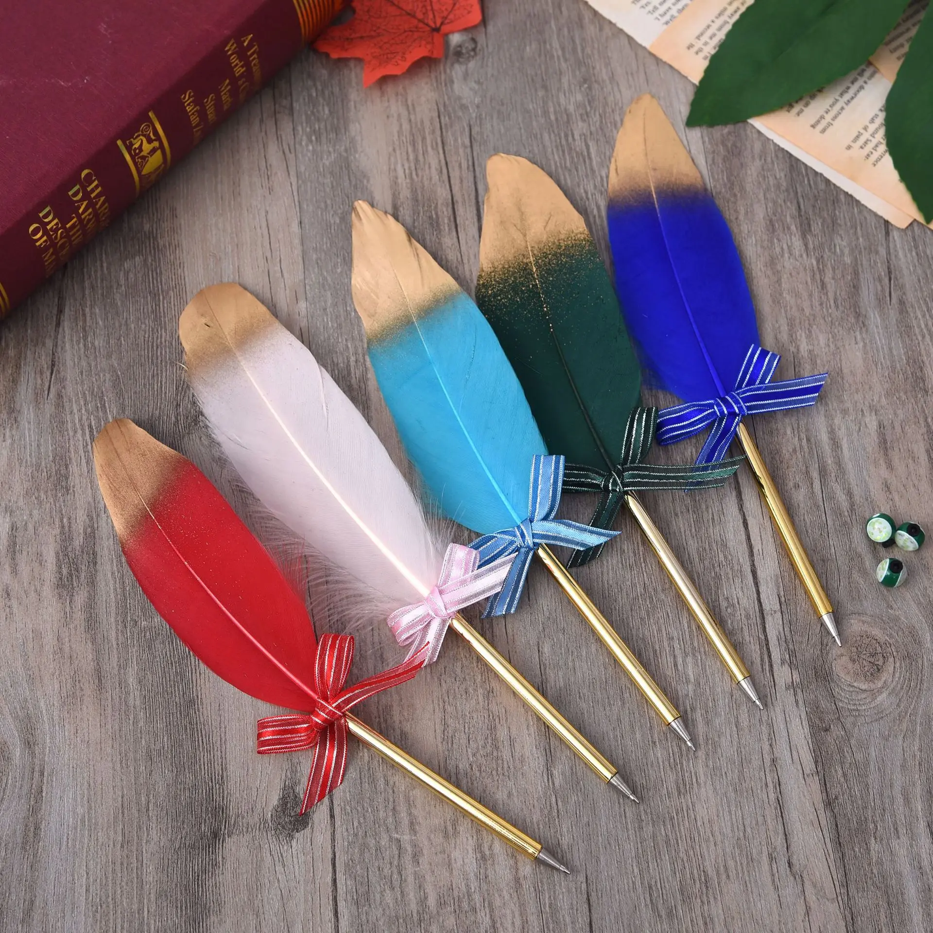 Luxury Natural Feather Metal Ball Pens Custom Logo Rose Gold Special Quill Pen Wholesale Promotional Ballpoint Pen