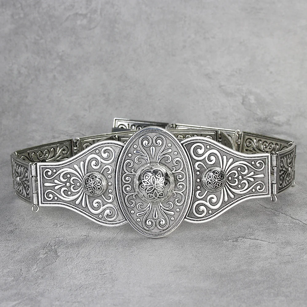 Metal Robe Caftan Belt for Women Waist Belt Chain Adjustable Length Emboss Flower Wedding Jewelry Caucasus Waistband