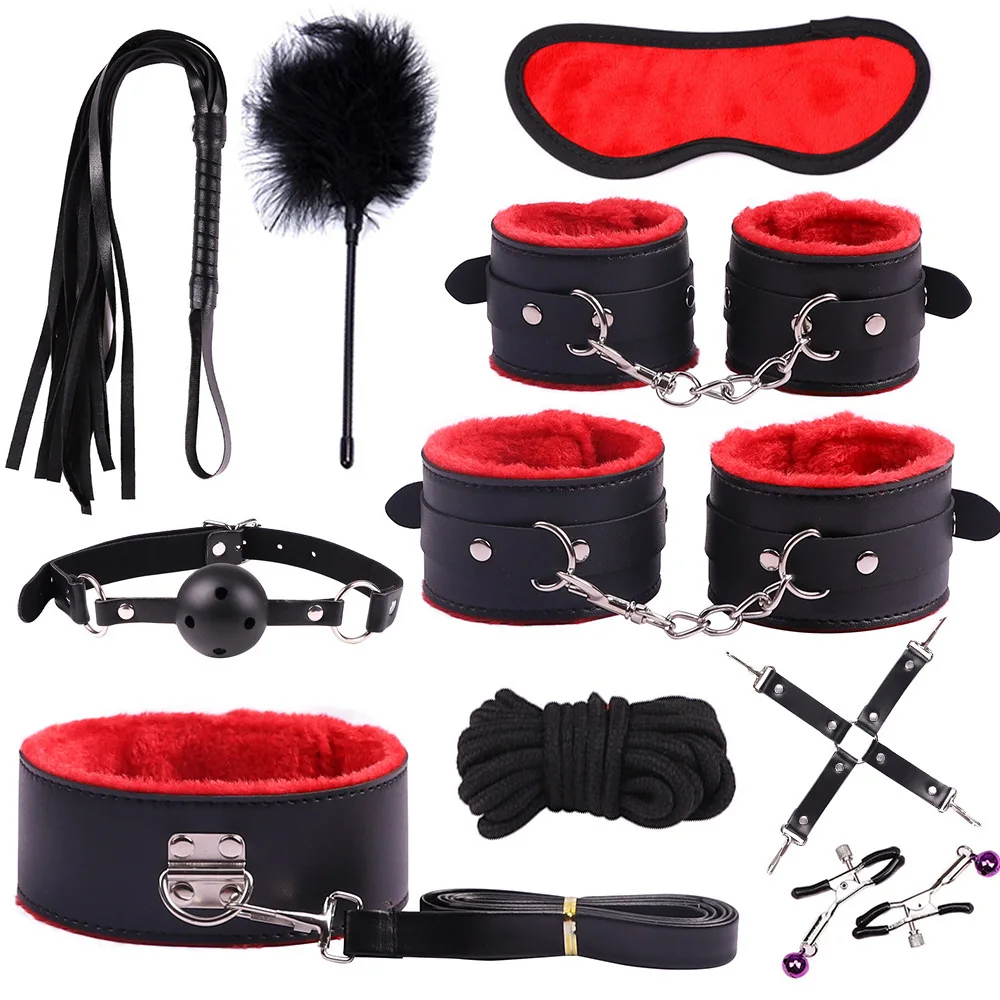 HM Sexy Leather BDSM Kits Plush Sex Bondage Set Handcuffs Sex Games Whip Gag Nipple Clamps Sex Toys For Play Sexy Games