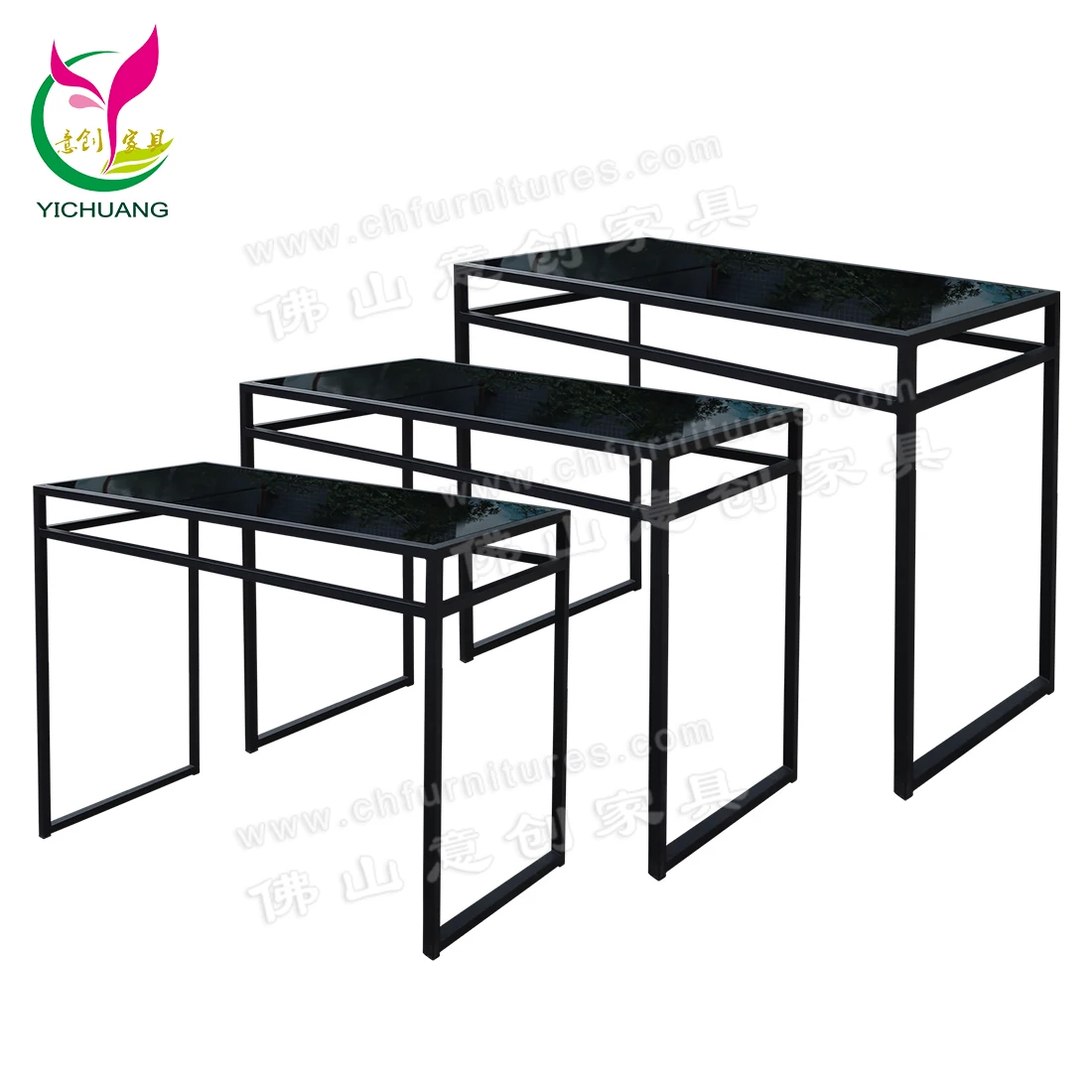 YC-TS154 Wholesale Modern Various Heights Stacking Steel Frame Glass Top Hotel Banquet Nesting Buffet