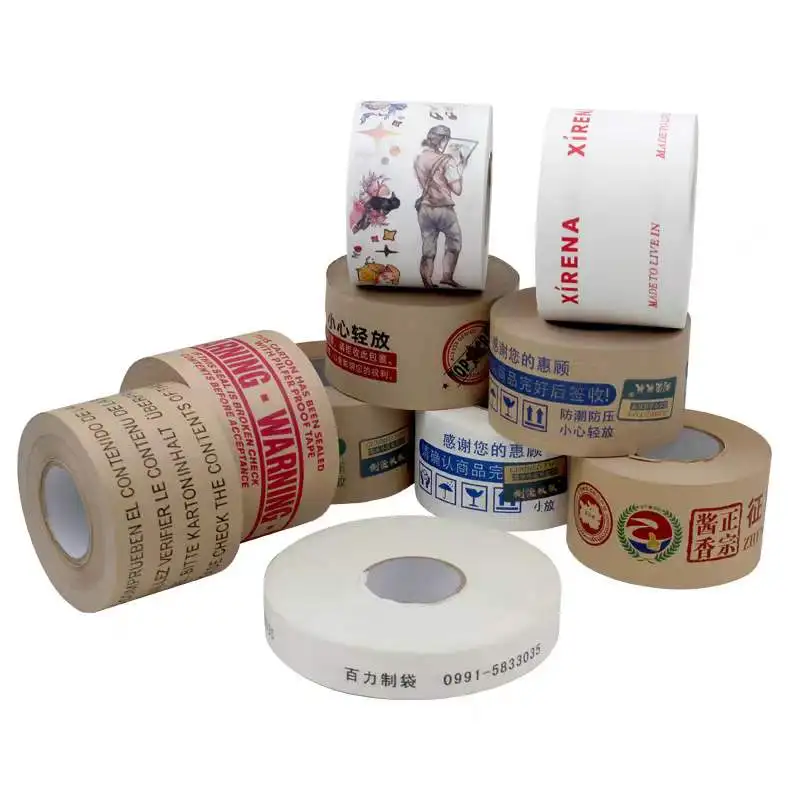 Custom Printed Logo Eco Friendly Recycled Water Activated 2 Inch Kraft Paper Gummed Brand Tape Shipping Packaging