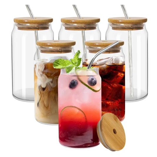 16oz 18oz 550ml Clear Borosilicate Beer Can Glasses Can Shaped Glass Cup Pint Beer Juice Glasses with Bamboo Lid and Glass Straw
