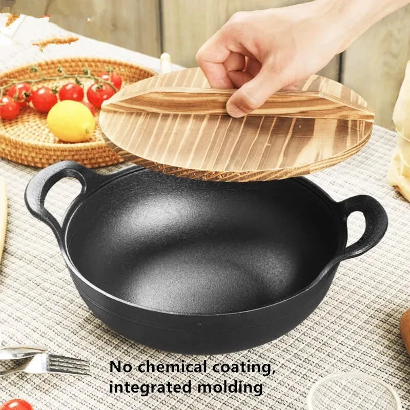 Round Black Cast Iron Deep Frying Pan Kitchenware Soup Pot Non Stick Cast Iron Wok
