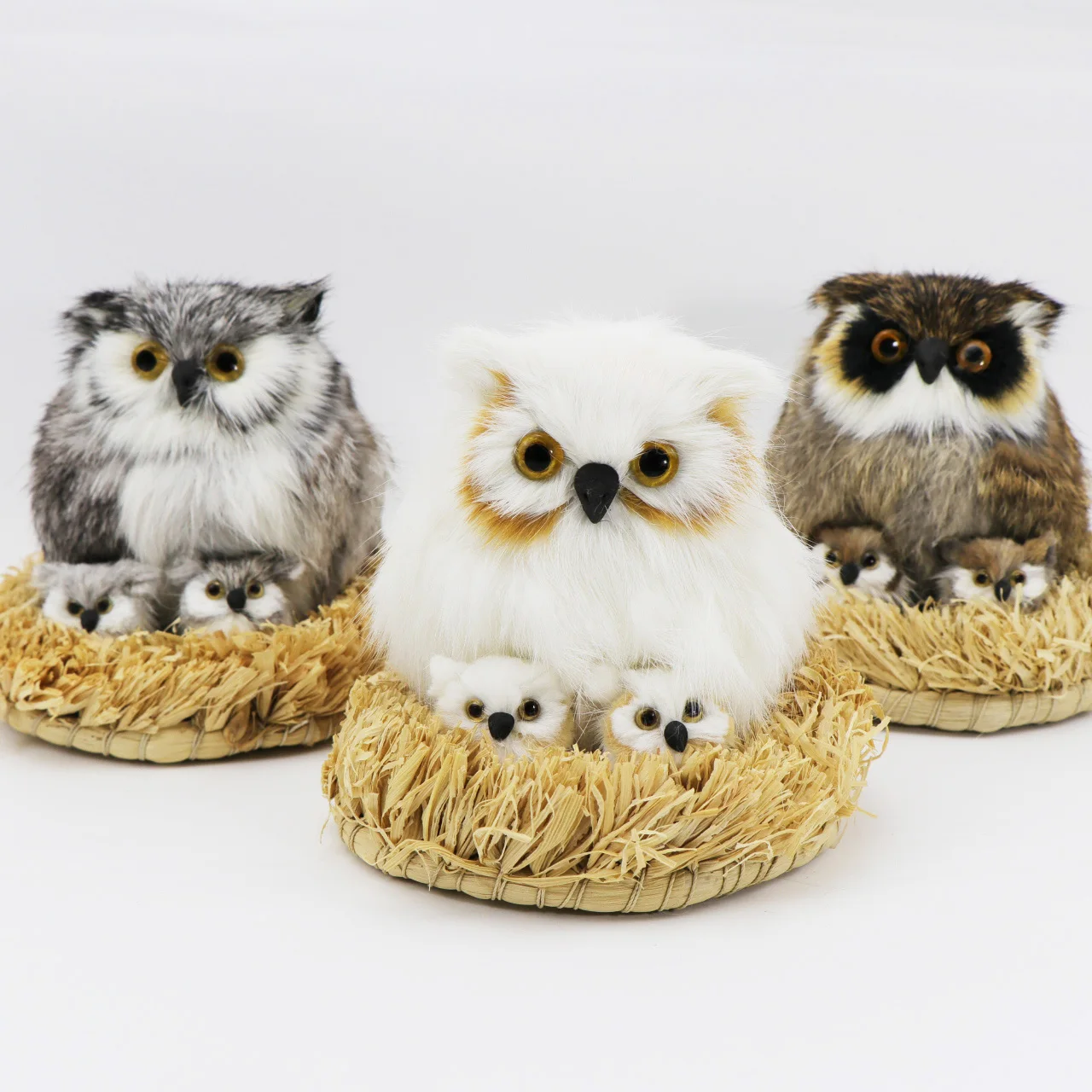 Wholesale Real Rex Rabbit Fur Simulation Owl Family Plush Toys With Nest