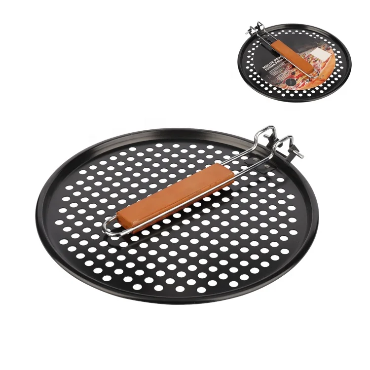 Bbq Vegetable Grill Pan Wok Accessories Non Stick Metal Grill Round Topper Skillet Basket With Folded Wood Handle