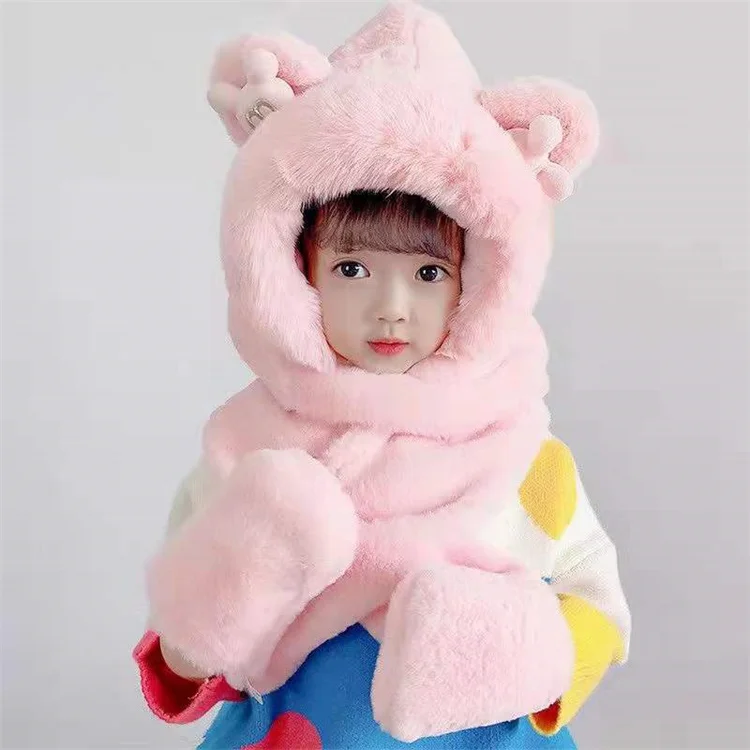 Wholesale Cute Baby Faux Fur Scarf Hat Gloves Sets Fluffy Fuzzy Plain Kids Winter Scarf Sets