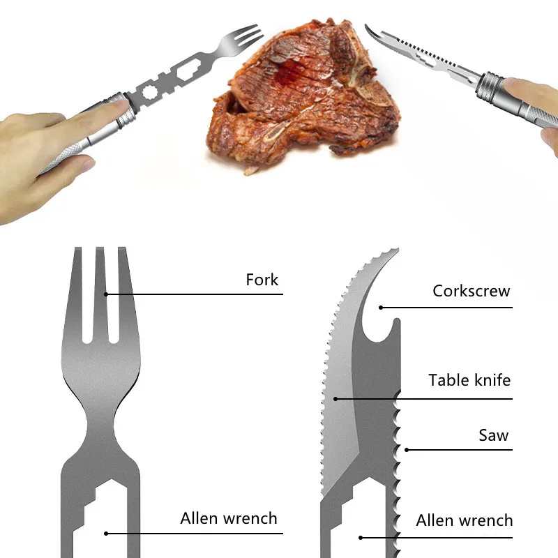 Knife Fork Set Compass Field Survival Tool Car Camping Tableware Self Defense Outdoor Multi Functional Stick