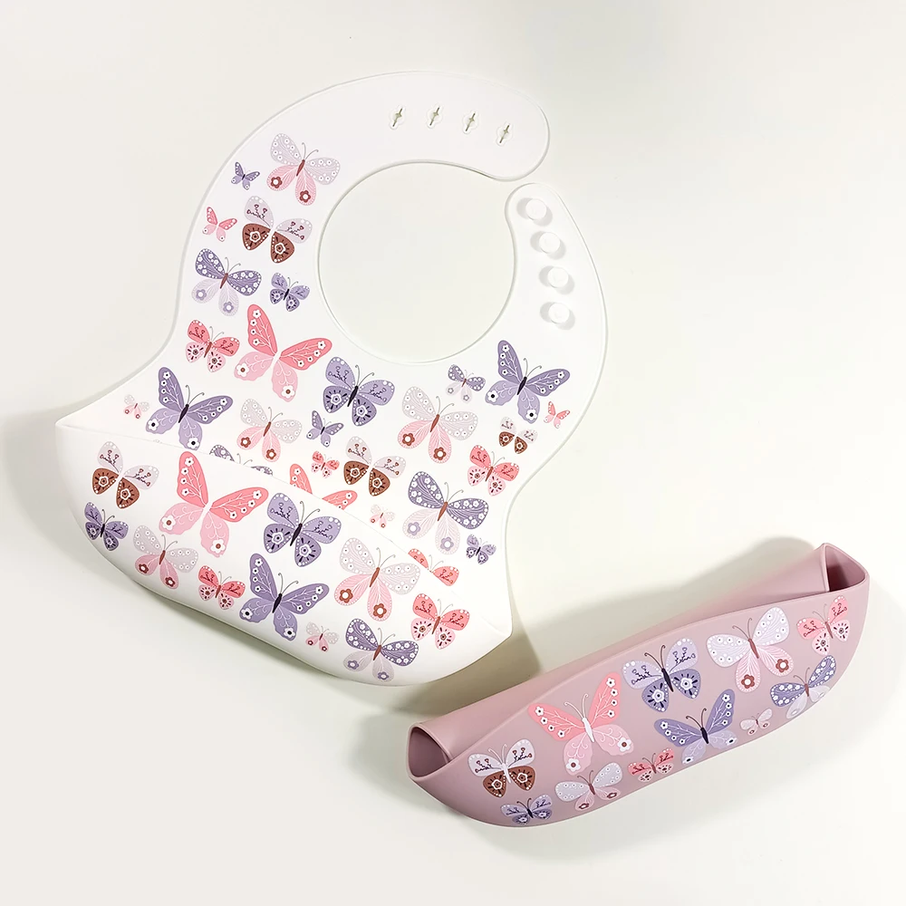 BPA Free Food Grade Silicone Waterproof Bib Tableware Food Catcher Infant Bibs Custom Pattern Bib Custom Printing