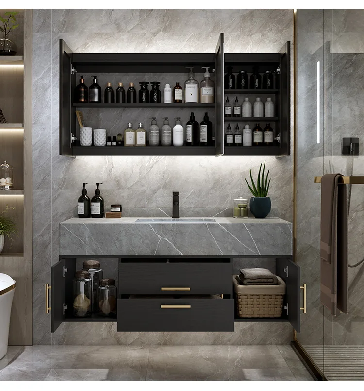  High End Design Bathroom Furniture Vanity Plywood Cabinet with Slab Basin