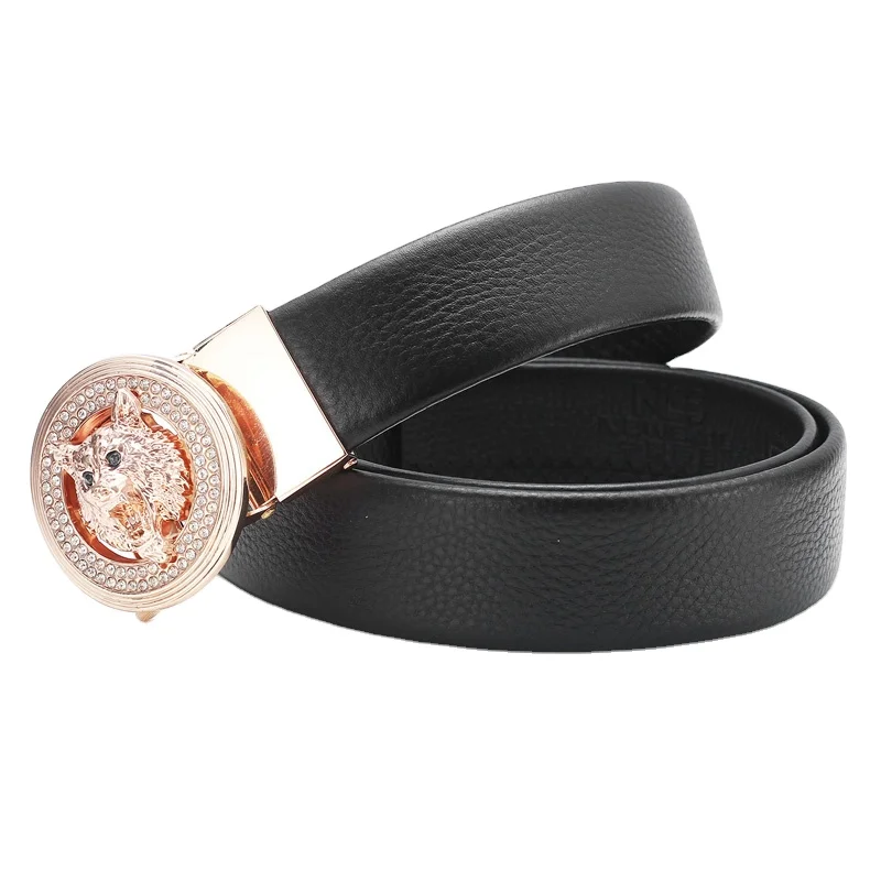 Fashion Split Real Genuine Leather Gold Lion Head Automatic Buckle Belt For Man 3.5cm