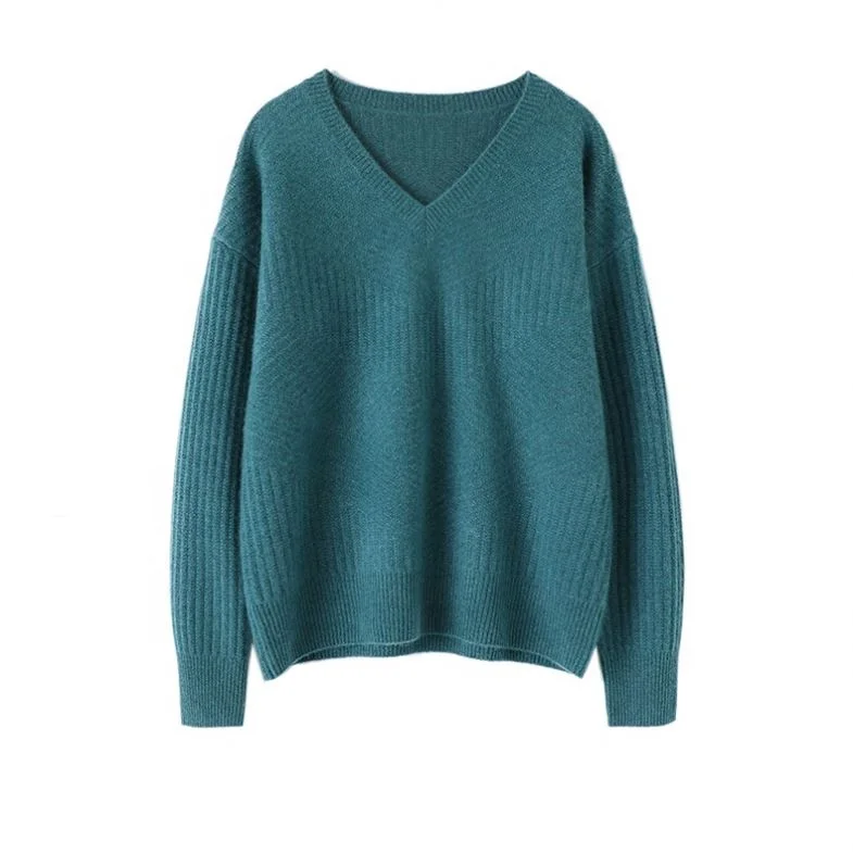 2024 AW Custom Design Casual Warm Pure Color V Neck Ribbed Knitwear Cashmere Oversized Jumper Cotton Sweater For Woman